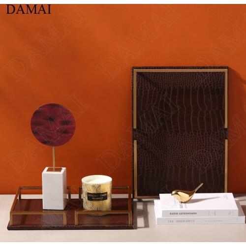 Minimalist Leather Trays Decorative European Golden Stroke Metal Handle Coffee Table Tea Cup Wine Set Storage Tray Home Decor