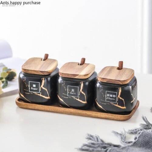 Creative Nordic Style Marble Pattern Ceramic Kitchen Seasoning Tank Set Wooden Cover Salt Shaker Spice Jar Kitchen Accessories