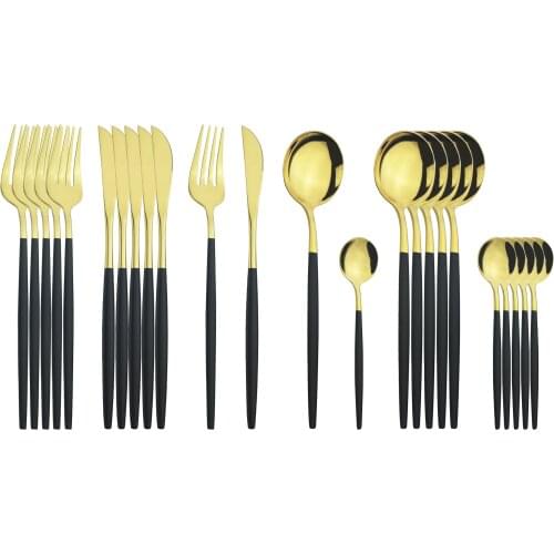24Pcs Black Gold Dinnerware Set Knives Forks Tea Spoon Cutlery Set Stainless Steel Tableware Set Kitchen Flatware Silverware Set