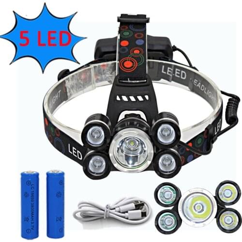Headlamp 5 LED Headlight T6 Q5 LED Lanterna USB Rechargeable Head Lamp Hunting Fishing Torch Light