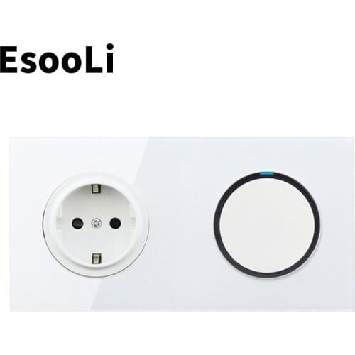 EsooLi Crystal Glass Panel 16A EU Standard Wall Power Socket 1 Gang 1/2 Way Pass Through On / Off Light push button Switch