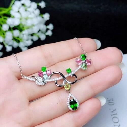 Natural Multicolor tourmaline Pendant necklace S925 silver Natural gemstone necklace Luxury Flower Branches women party jewelery