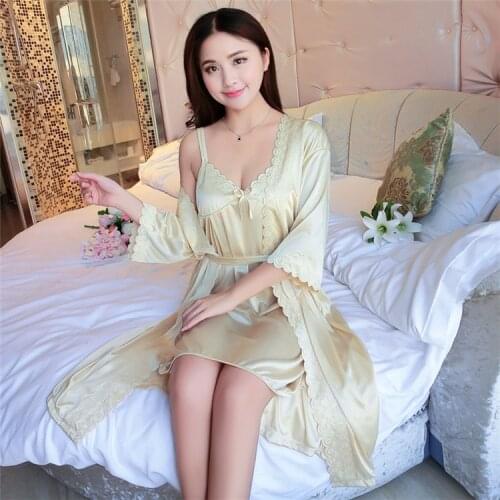 Nighty Robe Set Womens 2PCS Nightshirts Sleep Suit V Neck Pajamas Silky Sleepwear Homewear Wear Home Nightdress Negligee Gown