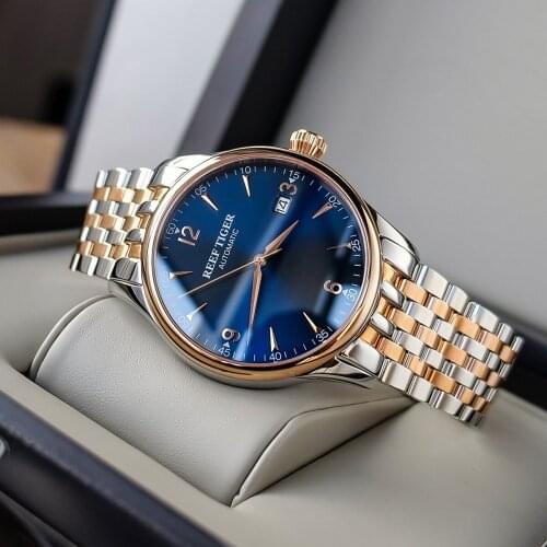 New Reef Tiger/RT Brand Luxury Watches with Date Blue Dial Mens Automatic Wristwatches Two Tone Rose Gold Watches RGA823G