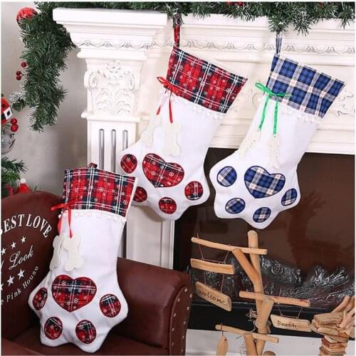 New Pet Dog Paw Christmas Stocking Ornament Christmas Plaid sock Decorations For Party Christmas Tree Gift Bag For 2020 New Year