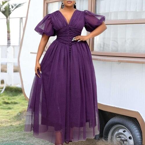 African Dress Mesh Patchwork V Neck Women Solid Color Large Hem Waist Tied Formal Dress for Wedding