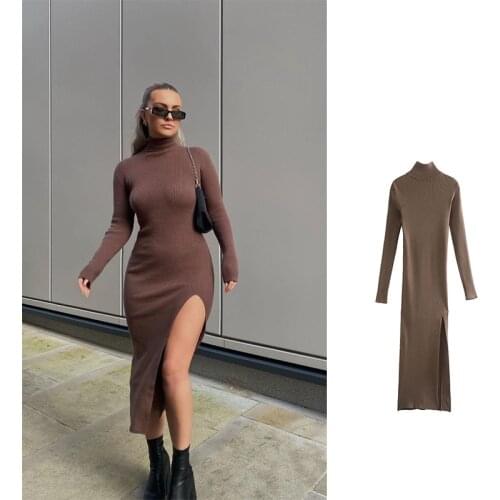Fashion Women Dress Za 2021 Ribbed Knit Mid Dress Brown Turtleneck Bodycon Elegant Dress Female Sexy Mujer Vestidos