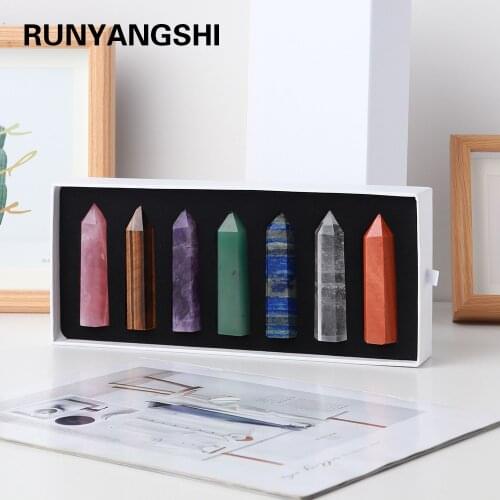 Natural crystal quartz 7 Chakra crystal pillar energy gemstone point 7-color crystal column tower exquisite gift box set