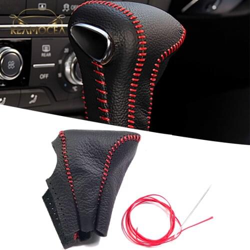 Reamocea Car Gear Shift Knob Cover Case Collars Genuine Leather With Red String Fit for Audi Q7 Q5 A5 A4 A7 2012 2013 2014