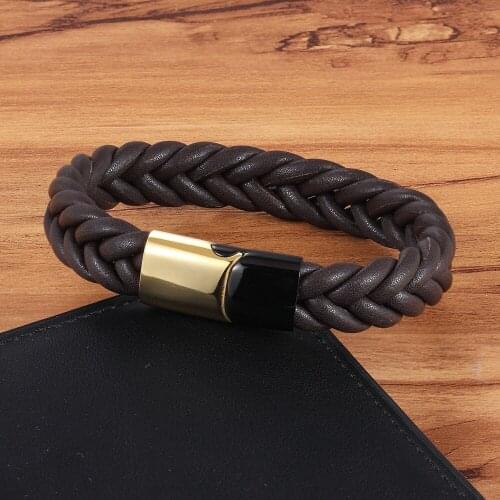 TYO Fashion Mens Black/Gold Stainless Steel Magnetic Clasps Braided Genuine Leather Wristlet Bracelets Punk Jewelry 19/21/23CM