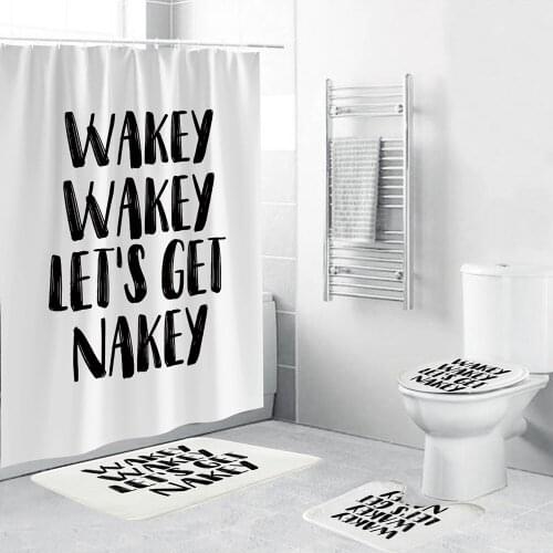 Funny Bathroom Mat Set with Shower Curtain 'WAKEY WAKEY LETS GET NAKEY' 4 Piece Toilet Cover Non-slip Rug For Bathroom Decor