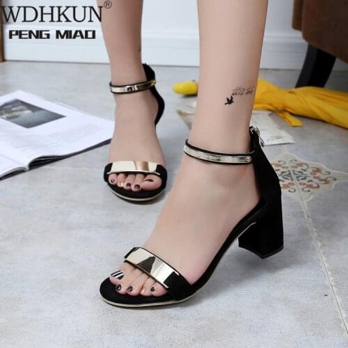 New Summer Hollow Women Sandals Female Black Party Shoes Zapatos Mujer Thick High Heel Ankle Strap Sandalias Mujer Sandal