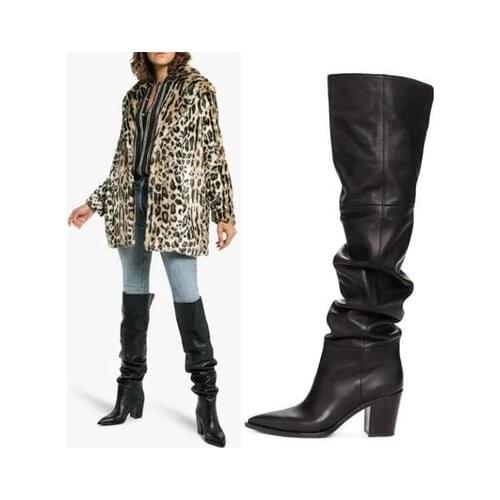 Runway Shoes Women Over The Knee High Boots Pleated Leather Square Toe Chunky Heel Long Boots Women Autumn Winter Heeled Shoes