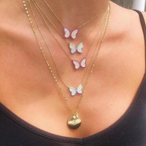 Gold color micro pave red rainbow cubic zirconia cute lovely butterfly charm women necklace