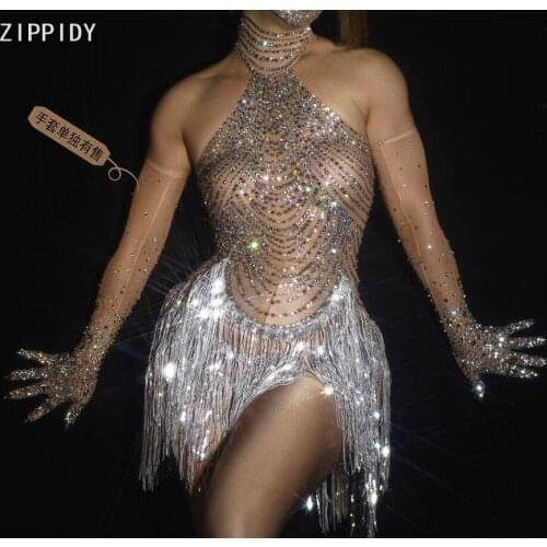 Mesh Sparkly Rhinestone Silver Fringe Transparent Bodysuit Stone Gloves Women Latin Dance Bar Show Outfit Birthday Wear
