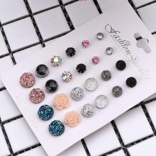 12 Pairs Assorted Crystals Druzy Stone Resin Stone Round Stud Earrings Set Women U2JF