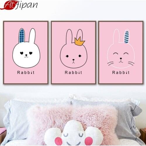Atfipan Rabbit Pink Background Prints Canvas Painting Wall Pictures For Bedroom Kids Girls Room Decoration Nordic Art Painting
