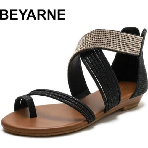 BEYARNE 2021 Summer New Black Bohemian Flat Sandals Plus Size 10 Fashion Rhinestone Female Open Toe Gladiator Mother Shoes