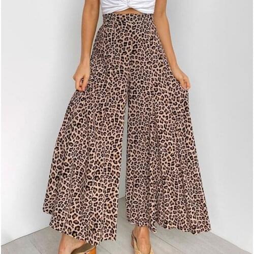 Fashion Wide Leg Pants Women Casual Elastic High Waist Long Loose Straight Trousers Female Korean Leopard Print Beach Wear