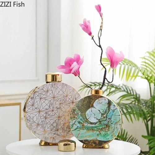 Modern European-style Flat Bottle Ceramic Vase Ornaments Living Room Countertop Desktop Flower Arrangement Vase Decoration Home