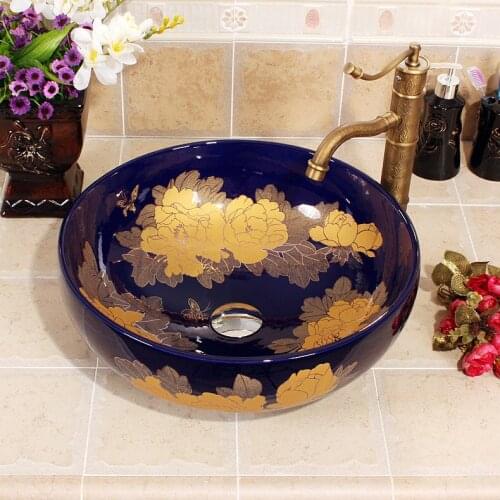 China Painting Sapphire blue peony Ceramic Painting Round washing basin counter top wash basin with painting
