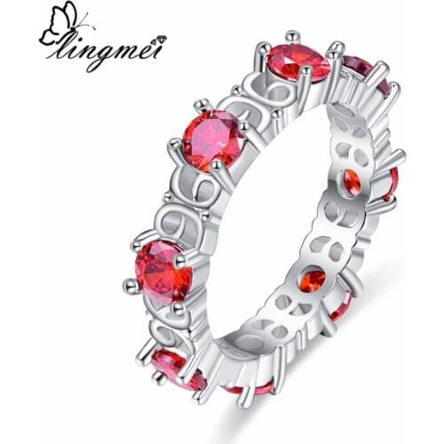 Lingmei Fashion Wedding CircleJewelry Round Cut Red Cubic Zircon Silver Color Ring For Women Size 6 7 8 9 Party Gifts