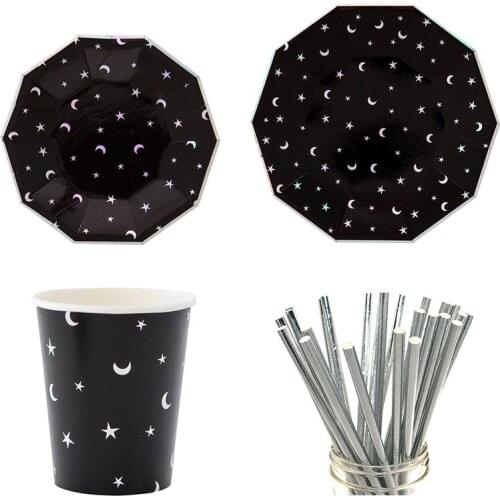 Paper Tableware Set Star Plates Striped Paper Straws Cups For Birthday Wedding Party Decor Disposble Tableware Xmas Black
