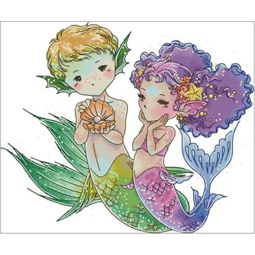Mermaid couple cartoon patterns counted 11CT 14CT 18CT DIY Cross Stitch Sets wholesale Cross-stitch Kits Embroidery Needlework