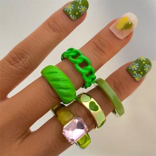 New Trendy Green Acrylic Ring Set For Women Korean Colorful Geometric Heart Acrylic Chain Couples Rings INS Fashion Travel Gift