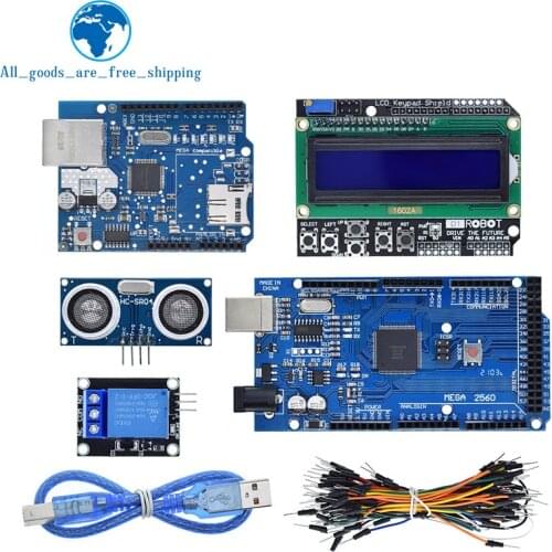 Mega 2560 r3 for arduino kit + HC-SR04 +breadboard cable + relay module+ W5100 UNO shield + LCD 1602 Keypad shield