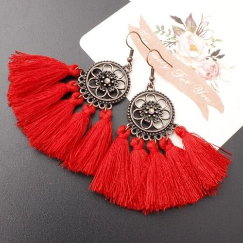New Ethnic Bohemian Drop Dangle Long Rope Fringes Vintage Red Tassel Earrings for Women Party Jewelry