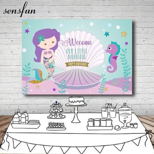 Sensfun Cute Cartoon Little Mermaid Backdrop For Girls Birthday Party Baby Shower Backgrounds Under The Sea Mussel Photo Banner