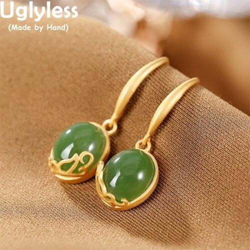 Uglyless Vintage Vines Gold Jasper Earrings for Women Fashion 925 Silver Brincos Nature Green Jade Gemstones Jewelry Gold Bijoux