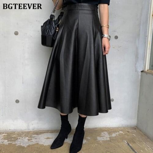 BGTEEVER Black Solid PU Leather Elegant Midi Skirt Women 2020 Spring High Waist Office Ladies A Line Flared Skirts Faux Leather