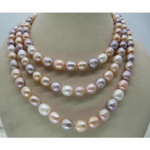 Jewelry Pearl Necklace 3 row 9-10MM NATURAL SOUTH SEA WHITE PINK PURPLE COLOR PEARL NECKLACE BEAUTIFUL