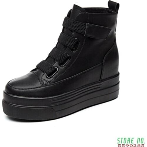 Womens Flat Platform Boots 2019 Autumn Winter Genuine Leather Ladies Boot Casual Hook & Loop Woman High Heels Ankle Boots Shoes