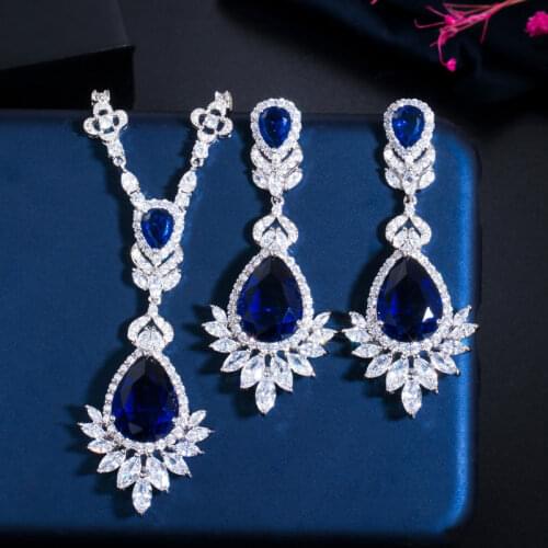 ThreeGraces Brilliant Vintage Women Wedding Party Jewelry Green CZ Crystal Earrings Long Big Dangle Pendant Necklace Set JS152