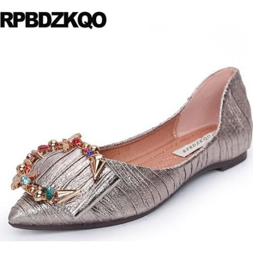 Diamond Women Dress Shoes Ladies Rhinestone Metal China Crystal Pointed Toe Rose Gold Wedding Metallic Flats Party Embellished