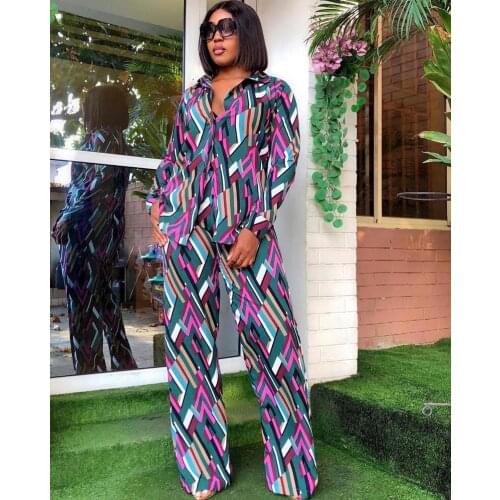 2021 New Fashion 2 Piece Tracksuit Women Ladies Clothes Casual Printed Long Sleeve Blouse+Wide Leg Pants Two Piece Set Clothing