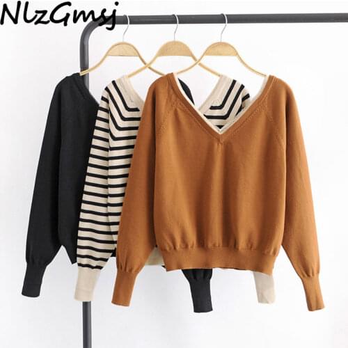 Nlzgmsj Za Ladies Knitted Sweater Womens Striped Pullovers Autumn Winter V Neck Patchwork Jumper Soft Tops New Knitwear
