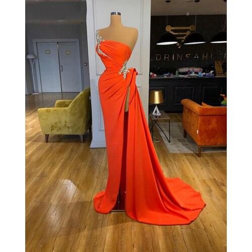 Orange Evening Dress Long Formal 2021 One Shoulder Beaded with High Slit Arabic Dubai Women Prom Dresses Evening Gowns