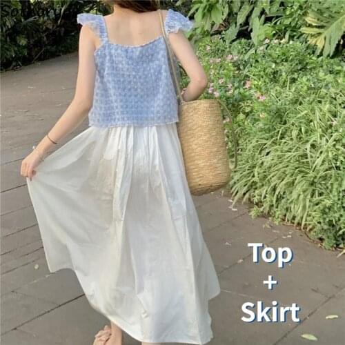 Women Dress Sets Summer Sleeveless Chiffon Plaid V-neck Tops Fresh Girls Sweet White Skirt Fairy Elegant Streetwear Slim Outwear