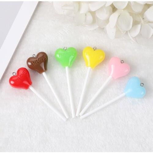 6pcs /lot 73mm*23mm Cute Multicolor Resin Cartoons Heart lollipop Candy For Necklace Keychain Pendant DIY Making Accessories
