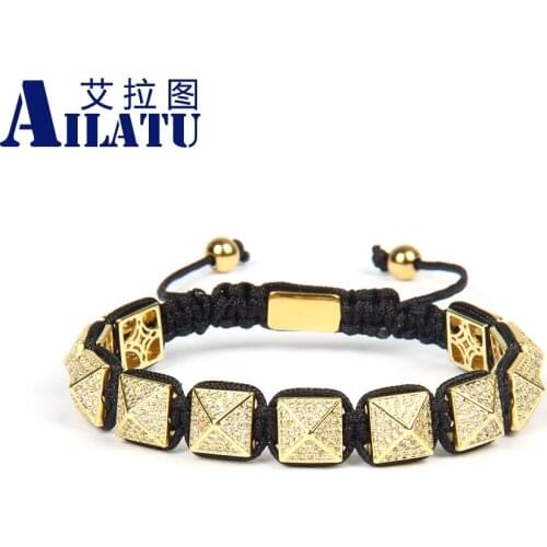 Ailatu Luxury Men Micro Pave Clear CZ Pyramid Macrame Bracelet Men Gift 10x10mm Top Quality