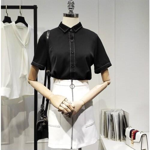 Womens Spring Summer Runway Fashion Black Chiffon Shirt Female Casual Loose Office Lady Basic Blouse Tees Tops TB1684