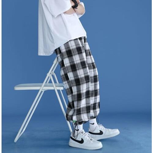 2021 Mens Popular Plaid Printing Casual Pants Cargo Baggy Haren Pants Streetwear Elastic Waist Black/green Color Trousers