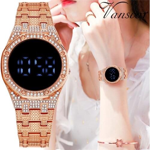 Touch Screen LED Digital Women Watch Luxury Ladies Fashion Rhinestone Stainless Steel Watch Clock Zegarek Damski