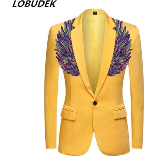 Mens Bar Nightclub Singer Stage Blazer Glitter Sequins Wing Slim Suit Coat Evening Party Host Performance Paillette Suit Jacket