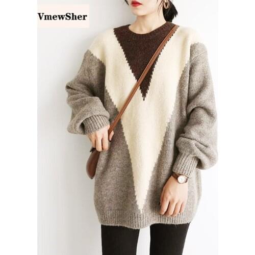VmewSher Elegant Color Block Knitted Women Sweater Jumper 2020 Winter Fashion O Neck Female Oversize Loose Pullovers Knit Top
