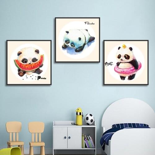 Wall Picture Cartoon Cute Panda With Watermelon Swimming Ring Canvas Art Posters And Prints For Kid Home Room Decoration